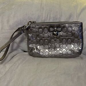 Coach Metallic Silver Signature Wristlet with Heart Charm